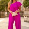 Summer Women's Fashion Solid Colour Loose Diagonal Shoulder Long Jumpsuit