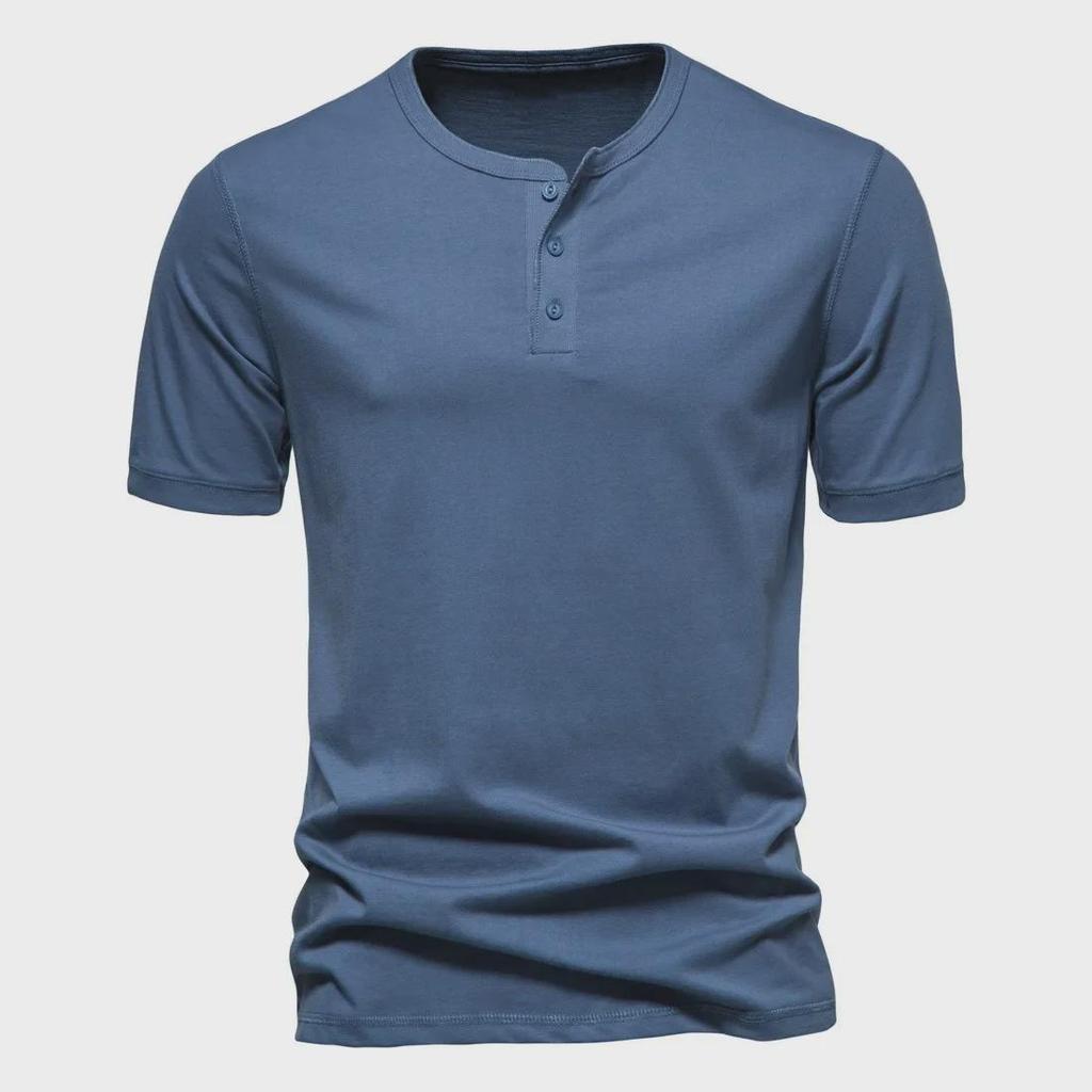 Мужская американская летняя однотонная футболка Henley с коротким рукавом - модная спортивная одежда для отдыха