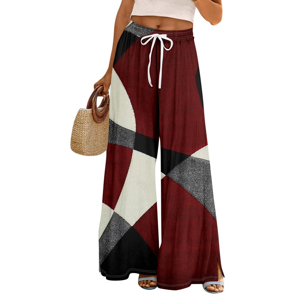 Women Summer Boho Palazzo Pants High Waist Wide Leg Floral Printing Casual Trousers With Pockets