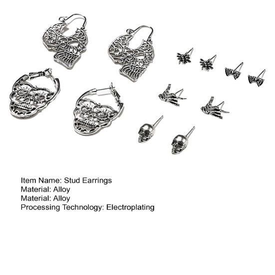 6 Pairs Unisex Halloween Stud Earrings Hollow Out Skull Bee Bat Shape