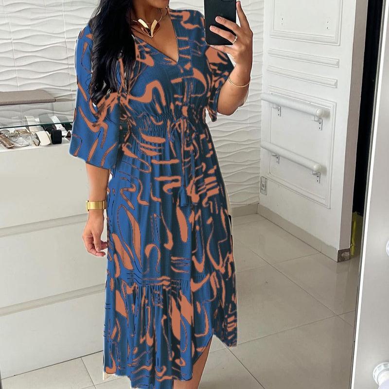 Платье миди в стиле бохо с принтом для женщин, V-образным вырезом, короткими рукавами, высокой резинкой на талии, А-силуэтное платье, женское модное повседневное платье-халат, Vestido