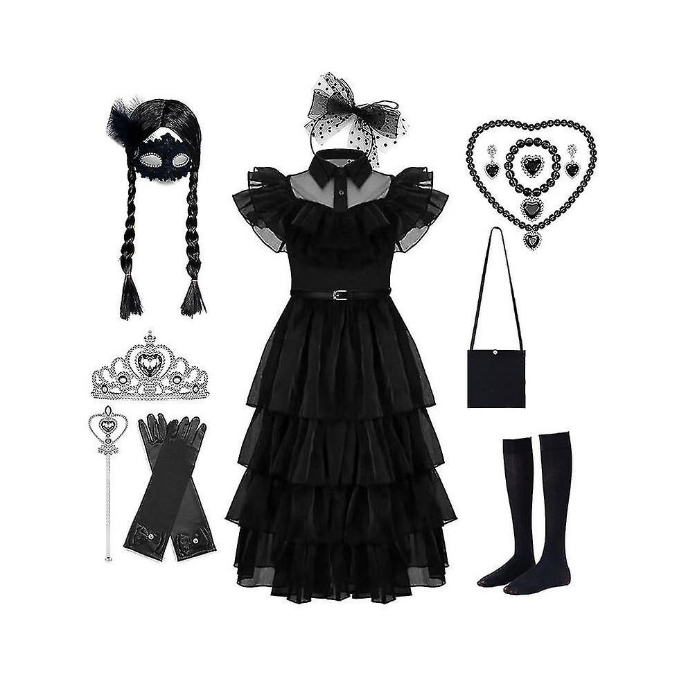 Wednesday Addams Dress Cosplay Costume Kids Girls Party Black Dresses Wednesday Necklace Mask Wig