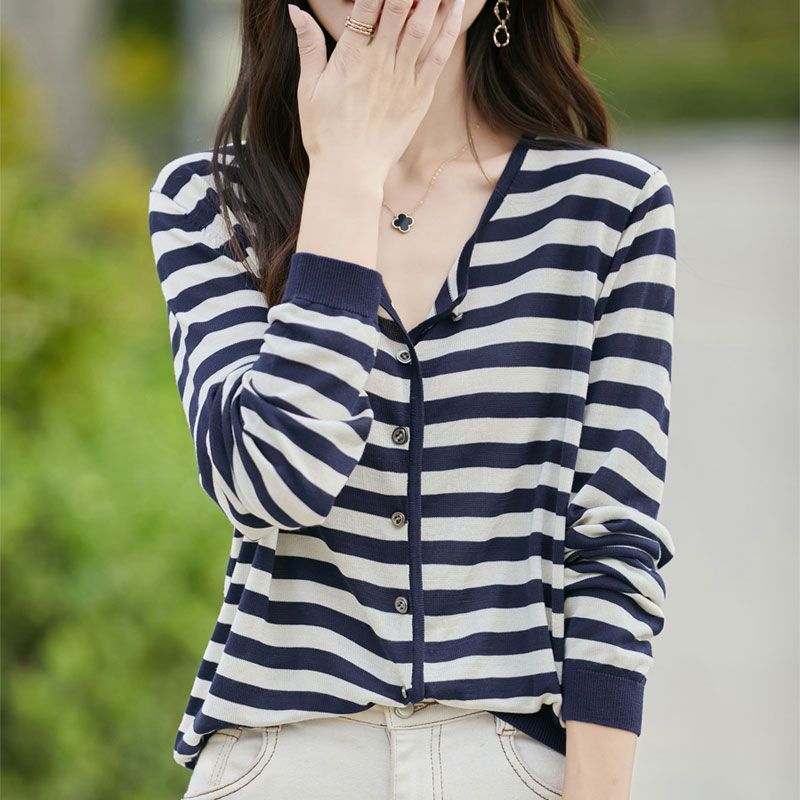 Striped Outer Cardigan Autumn New Long-sleeved Knitted Cardigan Coat Women's Sun Protection Cover-up Casual Versatile Thin