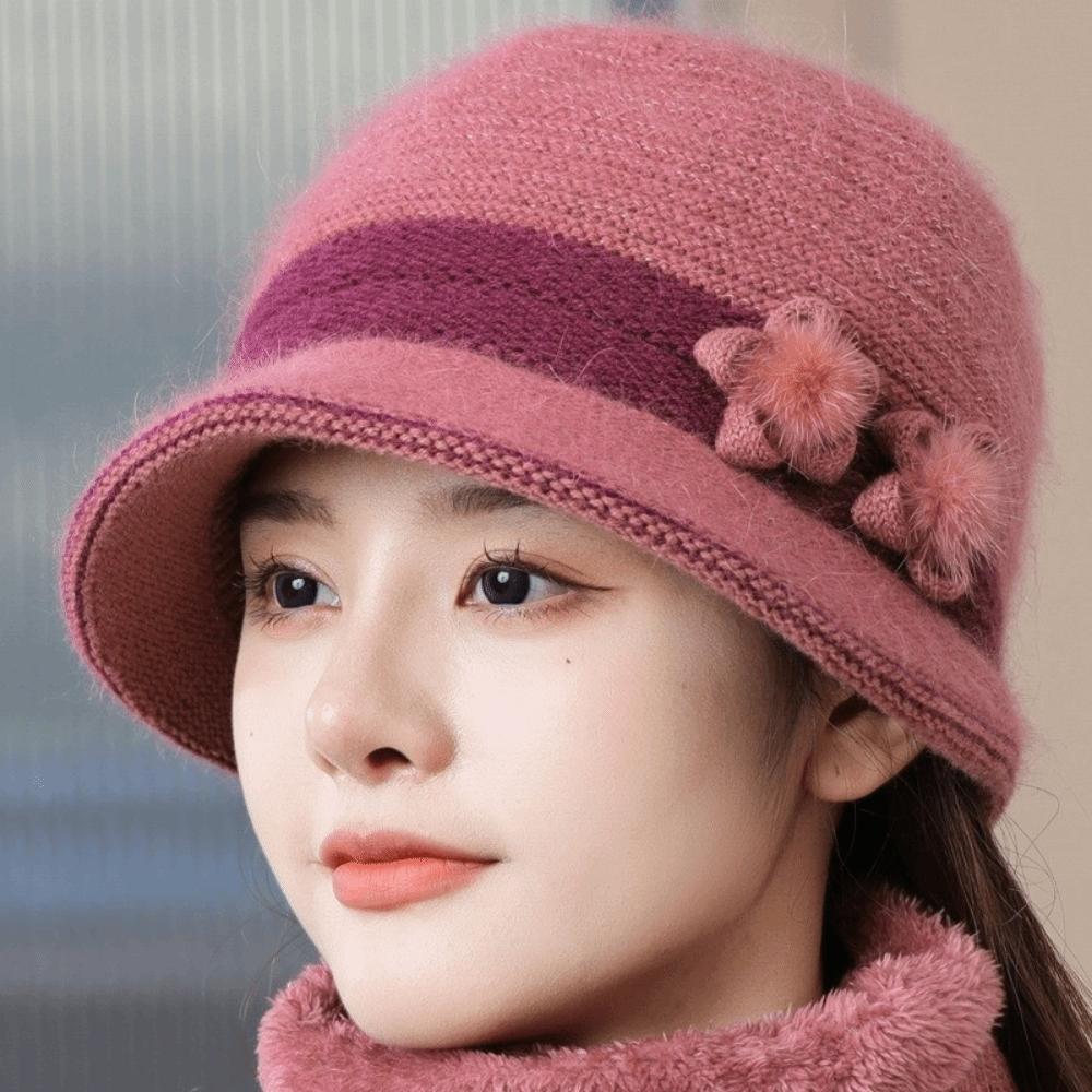 Plush Floral Decor Hat Warm Knit Basin Cap Fashion Middle-aged Elderly Bucket Hat Outdoor