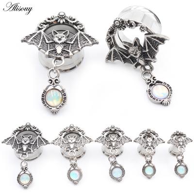 Alisouy 2PCS Нержавеющая сталь Летучая мышь Круглый опаловый кулон ушные туннели Заглушки Расширитель Растяжитель Калибр Серьги Пирсинг Украшения для тела