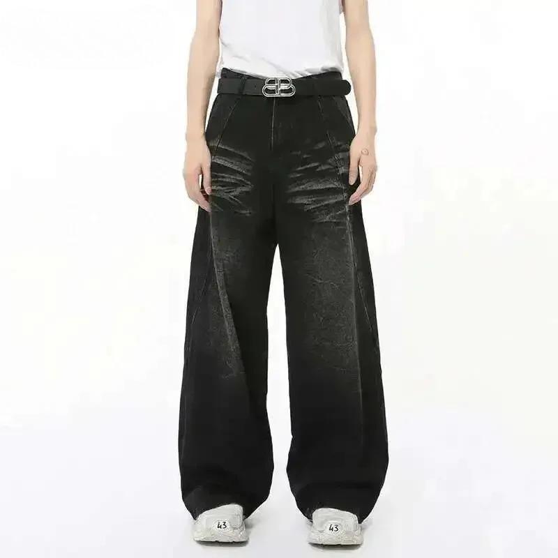 BeatStreet High Street Мужские Джинсы Повседневные Стиранные Складки Однотонные Свободные Модные Прямые Широкие Штанины Мужские Джинсовые Штаны Осень