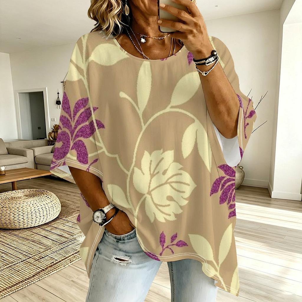 Large size loose and simple retro flower print irregular hem crew neck T-shirt, fashionable and versatile