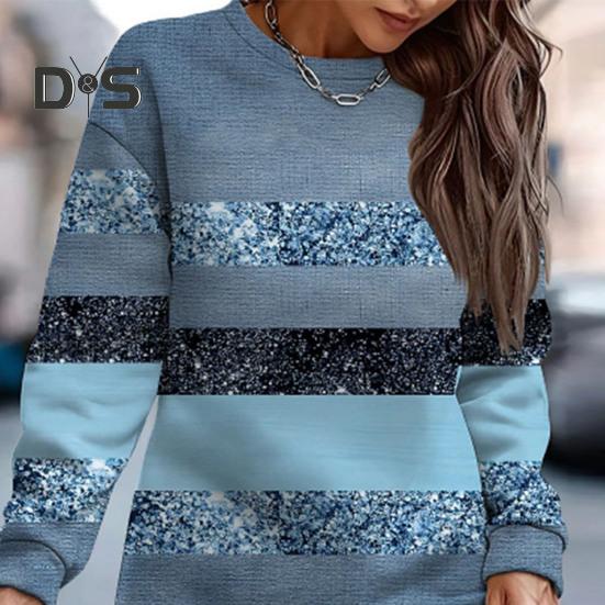 Women Fall Winter Dress Striped Color Block Shiny Sequin Loose Round Neck Long Sleeve Above Knee Length Soft Patchwork Mini Dress