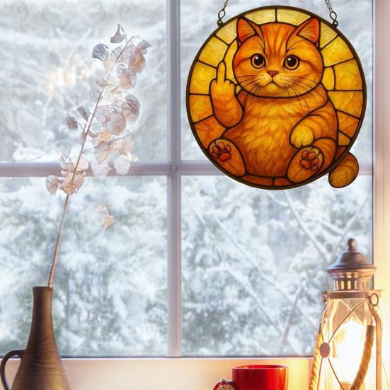 Cat Sun Catcher 2D Acrylic Cat Hanging Decoration Flip-off Cat Window Decoration for Bedroom Living Room Balcony Wall Art