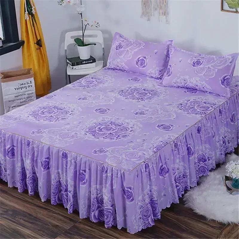 Solid Color Bed Skirt 1pcs Cover Bedroom Bed Cover Bed Skirt with 2pcs Pillowcase Non-slip Mattress Cover Bedsheet Bedspread