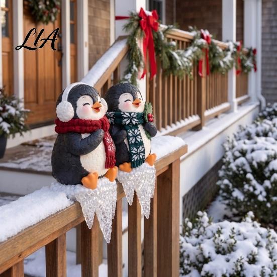 Cute Penguin Holiday Figurines Icicle Lighted Ornament, Battery Operated Christmas Window Sill Decor, Reusable Yard Accents Warm Glow Porch