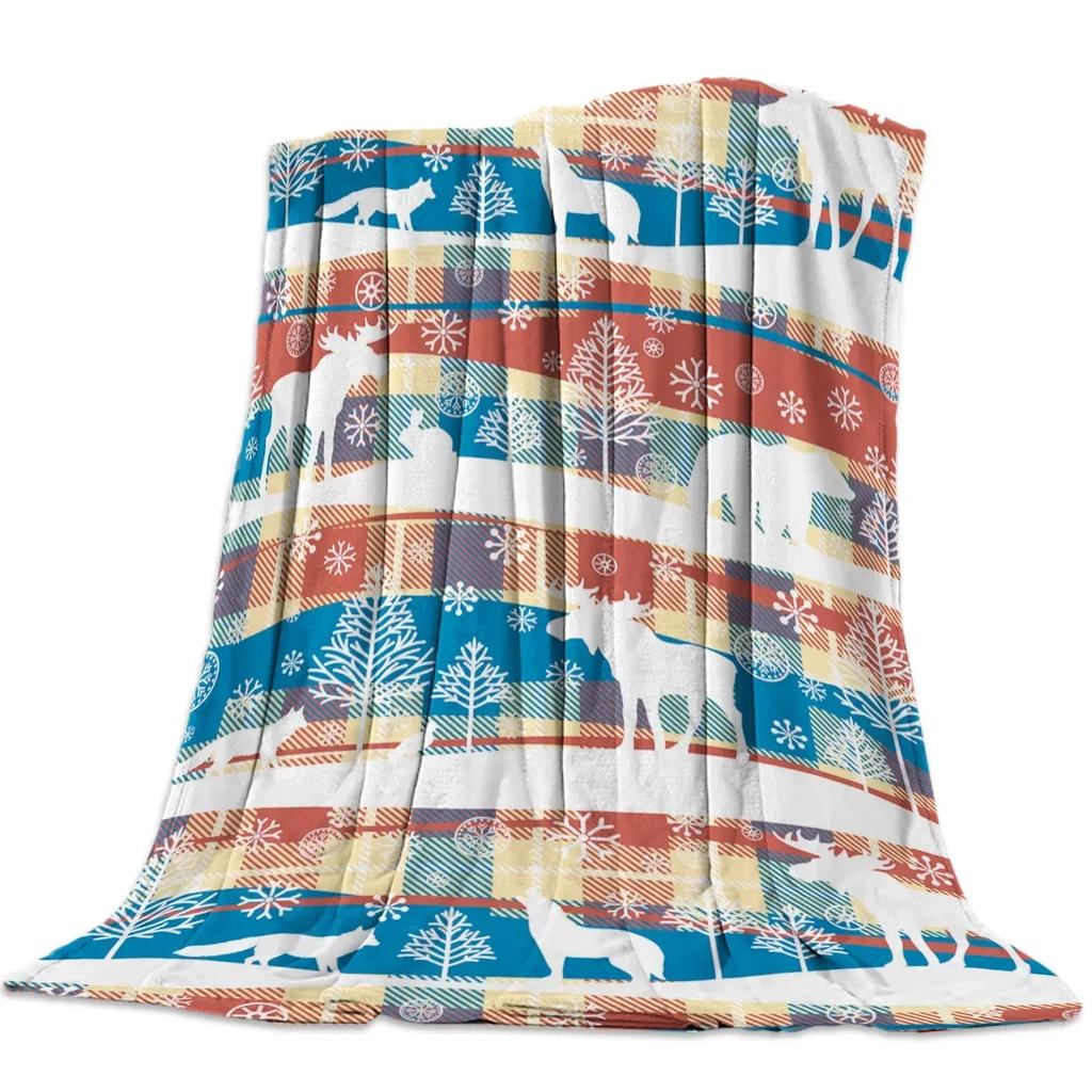 Christmas Winter Animals Checkered Buffalo Blankets Throw Cover Fleece Comfort Warm Room Couch Home Bedspread Blanket