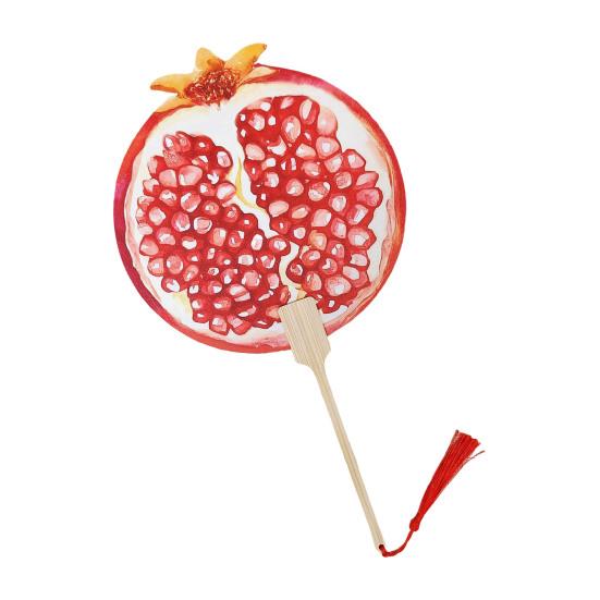 Fruit Print Fan with Wooden Long Handle Portable Lightweight Outdoor Travel Camping Picnic Summer Handheld Round Paper Fan