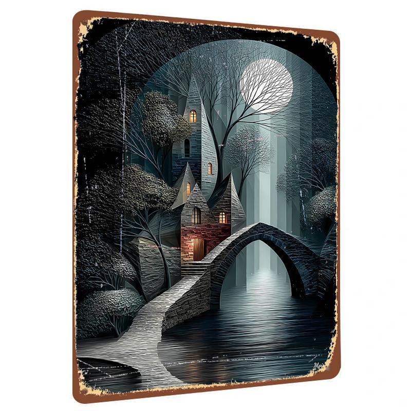Mysterious Castle and Stone Bridge Scenery Iron Painting Home Decorative Wall Art Under Moonlight