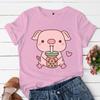 Cute Harajuku Y2K Tops Clothing Pig Boba Tea Print Women Casual T-shirts Kawaii Pink Pig Tshirts Oversize Fashion Tees Tops