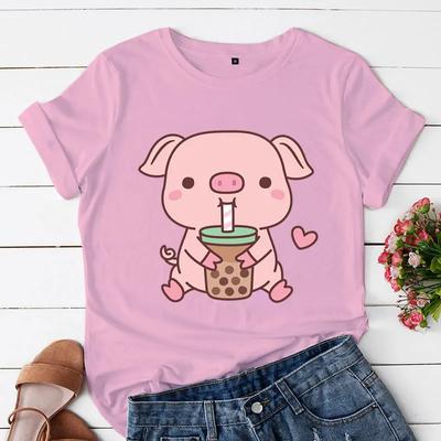 Милые топы Harajuku Y2K, одежда, свинья Боба, чайный принт, женские повседневные футболки Kawaii, футболки с розовой свиньей, модные футболки большого размера, топы