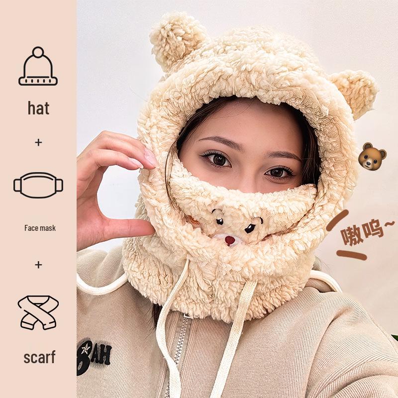 Новый женский цельный капюшон и шарф: Плюс Бархат, Утолщенный, Теплый, Плюшевый, Зимний Холод и Защита Ушей, Грелка для Шеи, Милый Дизайн.