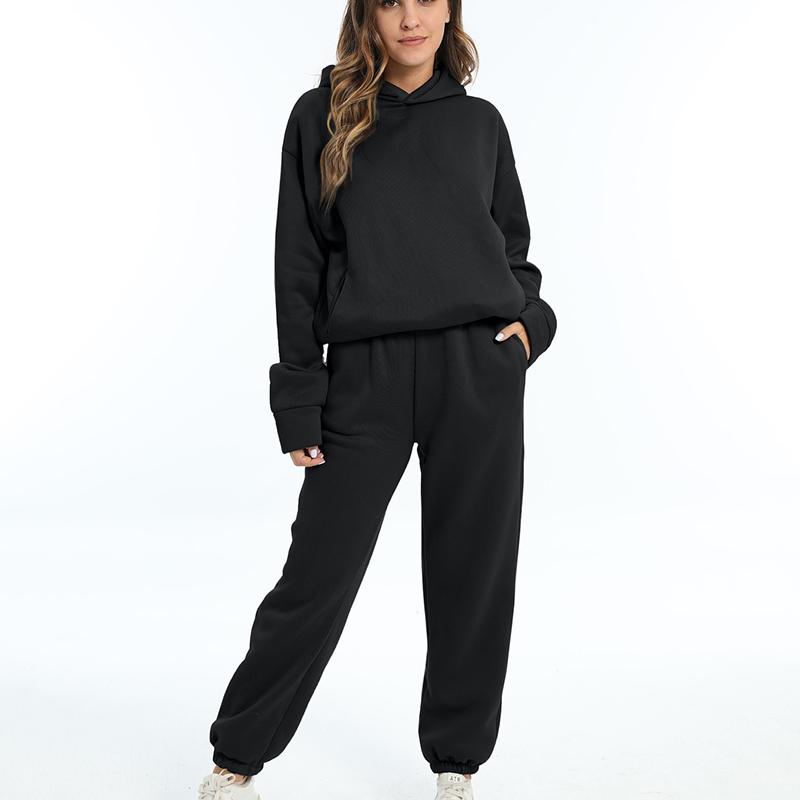 Осень-зима, толстовки, женский комплект из двух предметов, повседневный брючный костюм, свободные брюки с длинными рукавами и верхними карманами, однотонный спортивный костюм