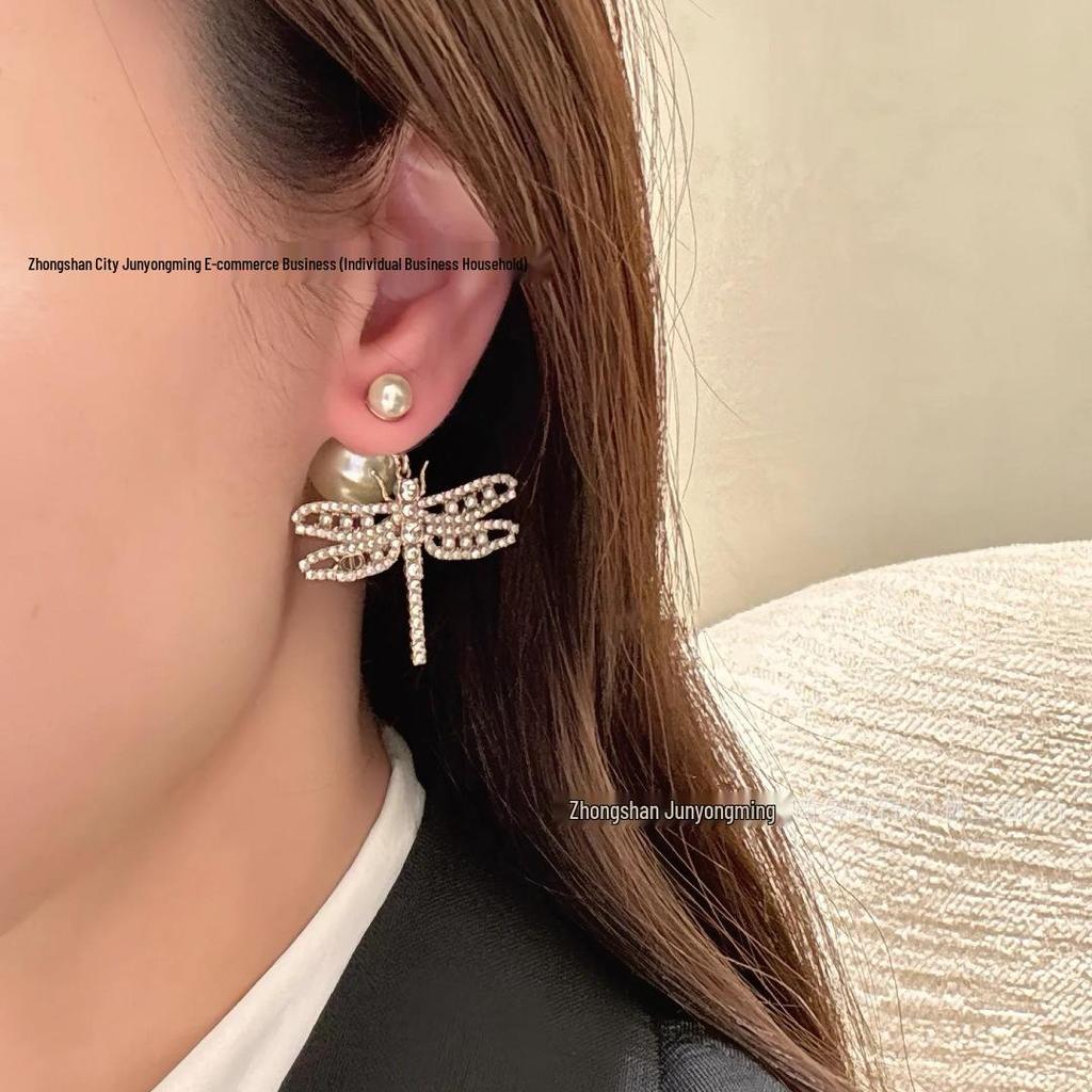 Элегантные серьги-гвоздики в виде стрекоз с жемчугом и бриллиантами для женщин