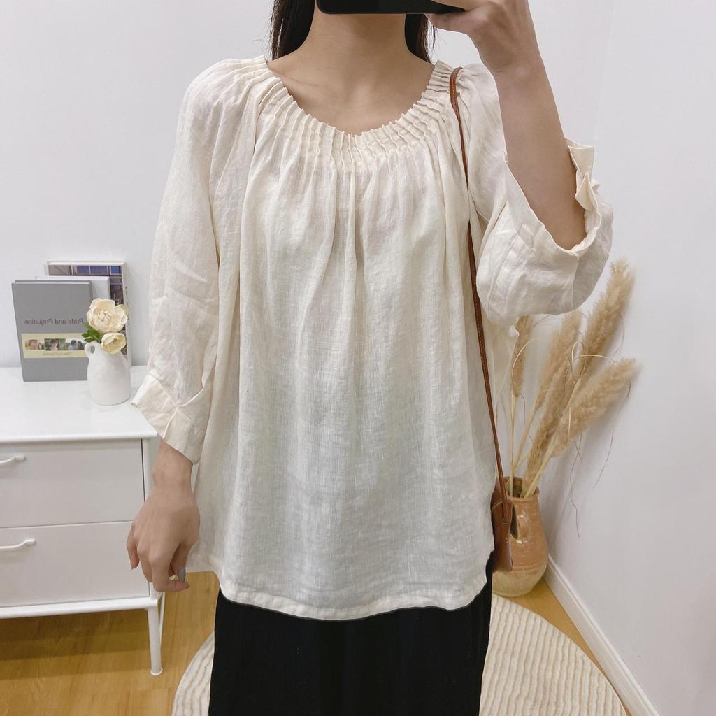 Johnature Весенние льняные рубашки для женщин, винтажные японские свободные женские блузки с воротником с оборками и рукавами три четверти