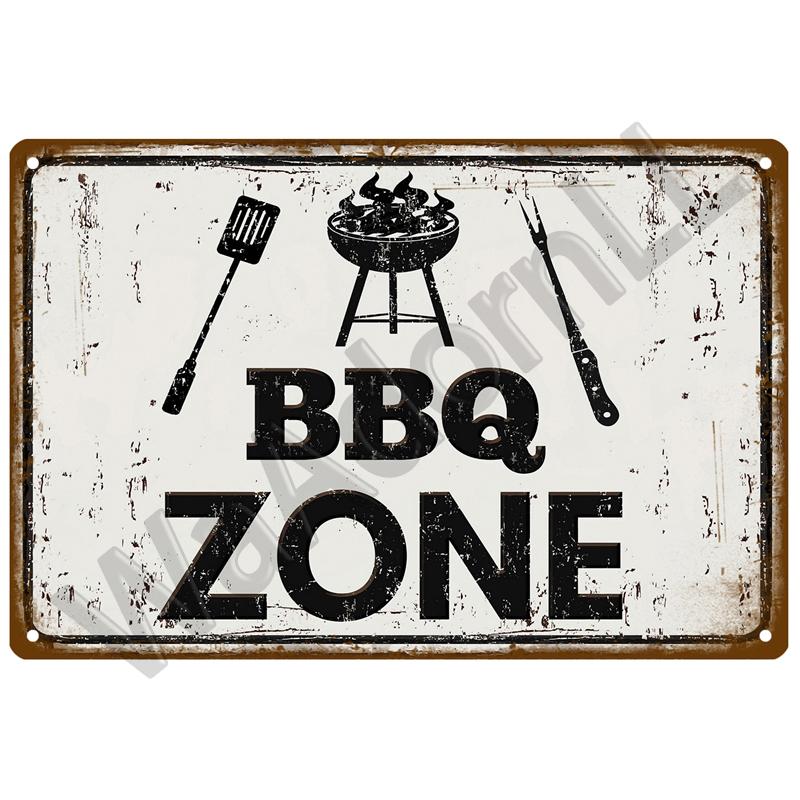 BBQ Zone  Home Decor Metal Tin Sign Vintage Dad`s BBQ Yard Outdoor Party Decoration Plate Retro Barbecue Rules Slogan Metal Sign
