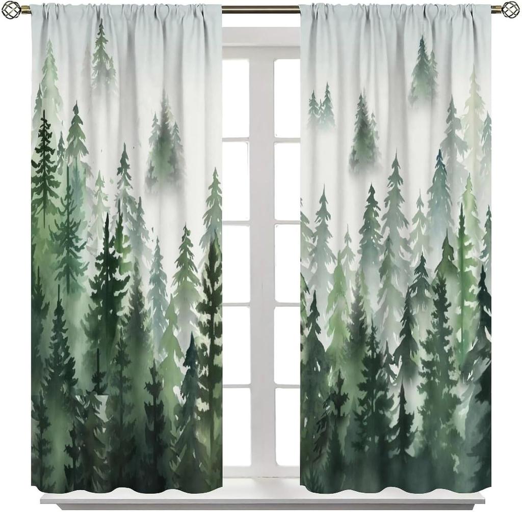 Green Forest Curtains Green Watercolor Forest Tree Silhouette Nature Landscape Printed Living Room Bedroom Window Drapes 42x63in