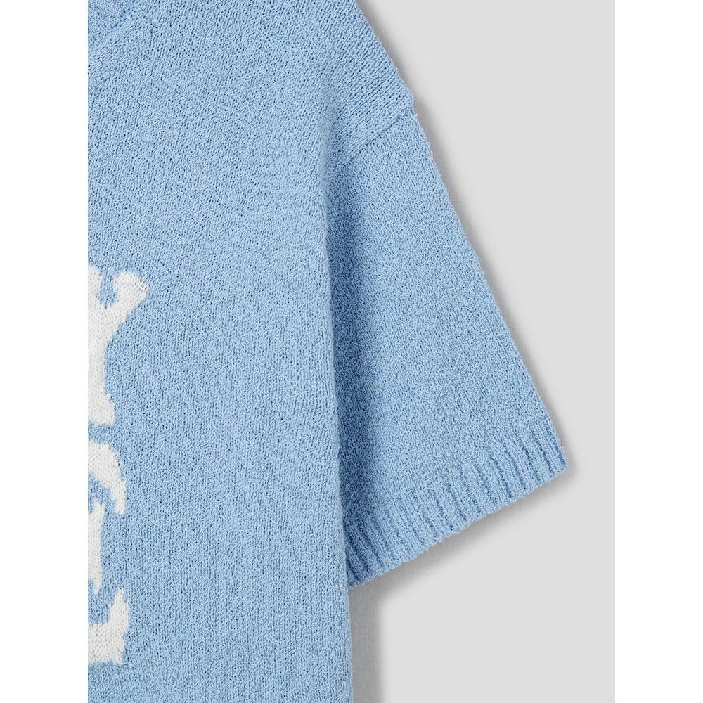 8SECONDS Wave Letter Jacquard Round Neck Short Sleeve Pullover Sky Blue
