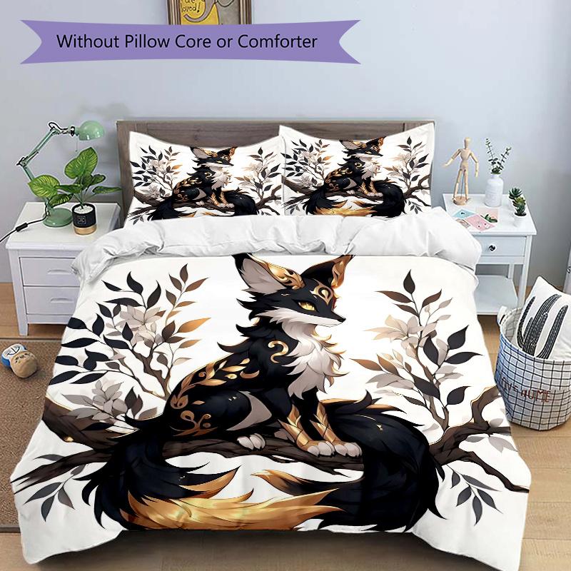 3pcs Black Cool Fox Bedding Set Includes Quilt Cover and Pillowcases, Suitable for All Seasons L006