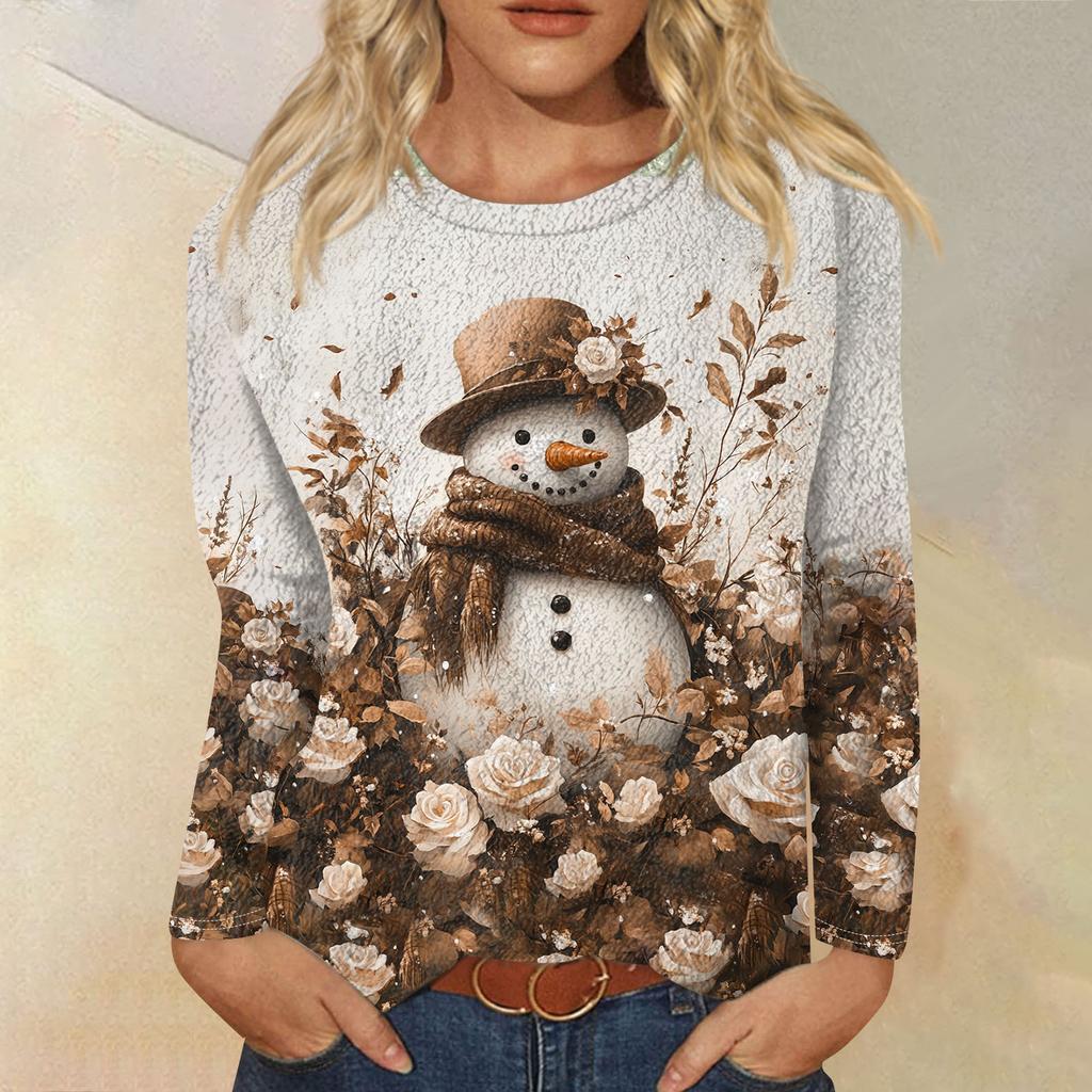 Женская модная повседневная фланелевая футболка с длинным рукавом и круглым вырезом с рождественским принтом