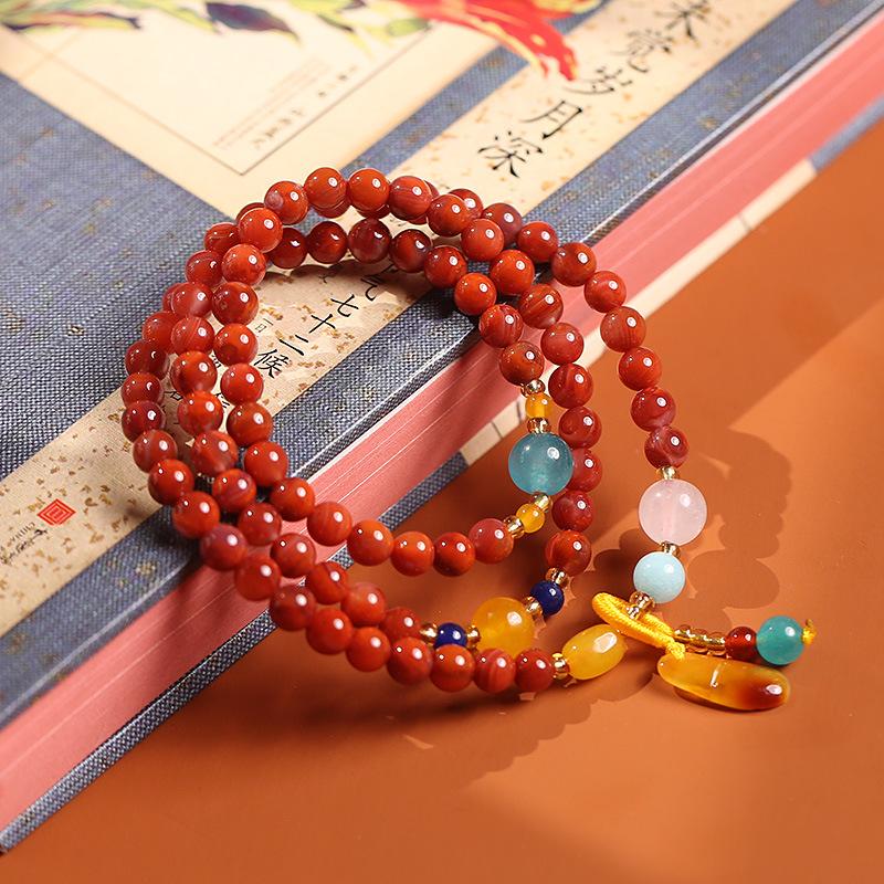 Natural three-ring full-bead Southern Red Agate bracelet with a natural-shaped beeswax pendant, multi-ring bracelet, jewelry