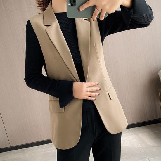 Женский деловой жилет с отложным воротником, застежкой на одну пуговицу, без рукавов, средней длины, формальный офисный наряд, однотонный кардиган, жилет, наряд для рабочего места