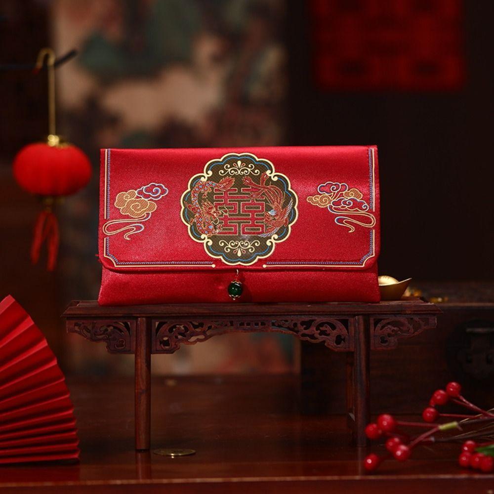 Вышивка Парча Красный Конверт Атлас Новогодний Красный Конверт Свадебные Красные Кармашки Помолвка