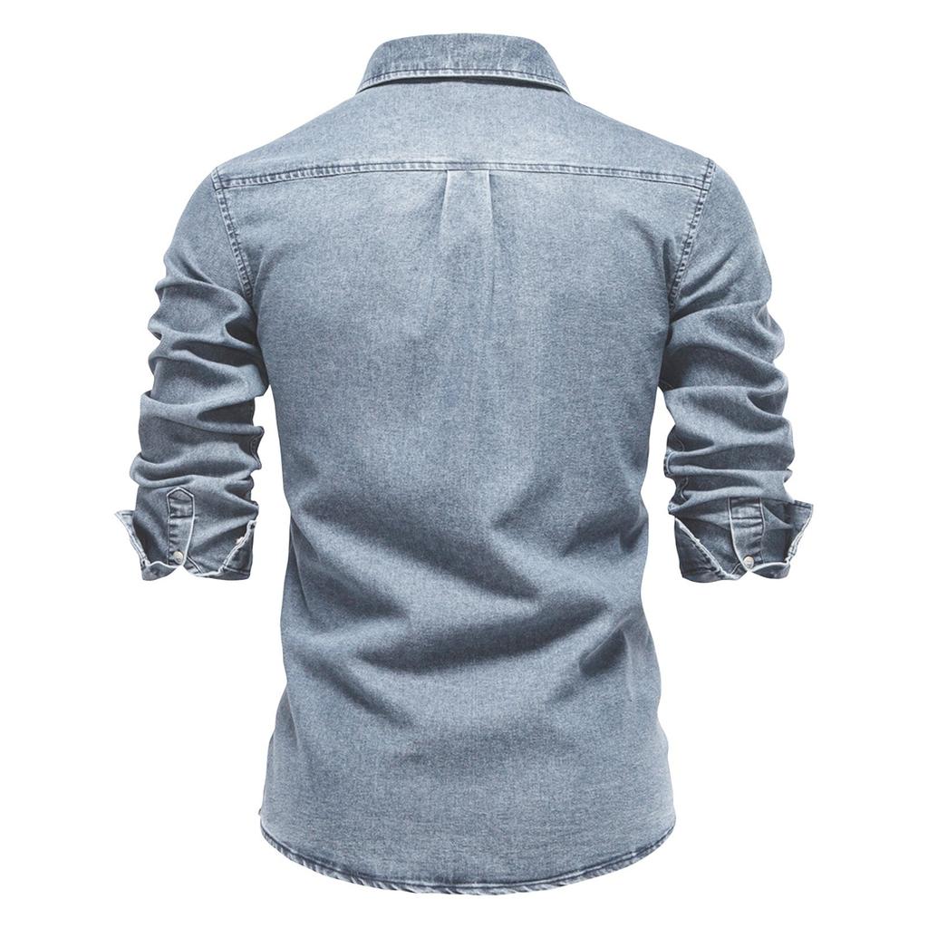 Мужская повседневная однотонная рубашка из денима с длинным рукавом и однобортным лацканом Мужские повседневные модные рубашки с длинным рукавом