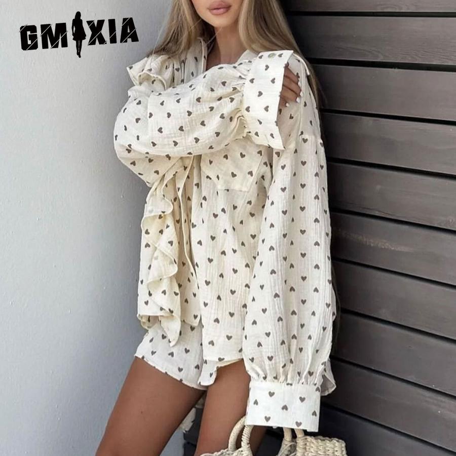 GMXIA Женский комплект из шорт с принтом в виде сердца, лоскутное шитье, отделка из дерева, рубашка с длинным рукавом + комплект из шорт из хлопка