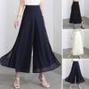 Women Chiffon Pants Elastic High Waist Wide Leg Solid Color Casual Trousers Loose Fit Side Split
