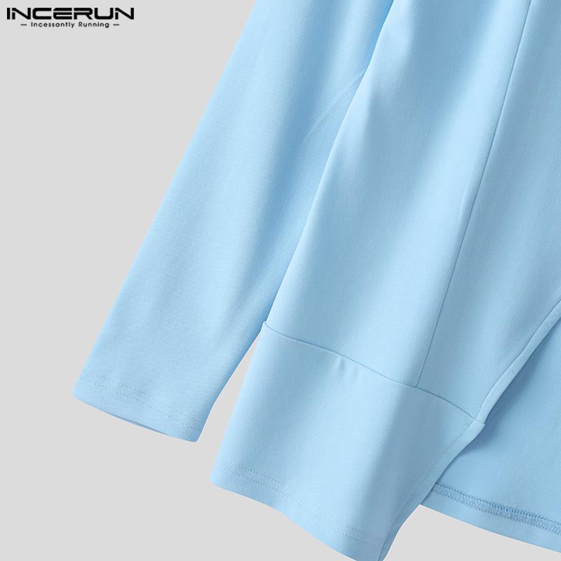 INCERUN Мужские весенние топы с воротником-стойкой, длинными рукавами, на молнии, повседневные, приталенные, майки