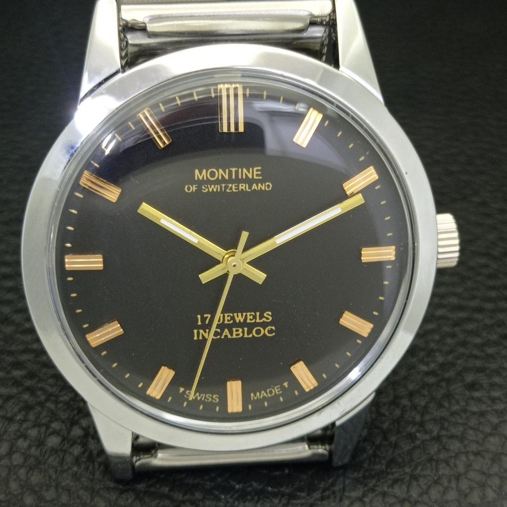 ШВЕЙЦАРСКИЕ ВИНТАЖНЫЕ МУЖСКИЕ ЧАСЫ MONTINE С РУЧНЫМ ПОДЗАВОДОМ, ВОССТАНОВЛЕННЫЕ, ЧЕРНЫЙ ЦИФЕРБЛАТ a441069-1
