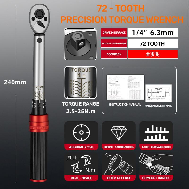 /4'' 3/8'' 1/2'' 1Industrial Dual-Direction Adjustable 72-Tooth Ratchet Handle Drive Click Torque Wrench Upgraded Torque Wrench