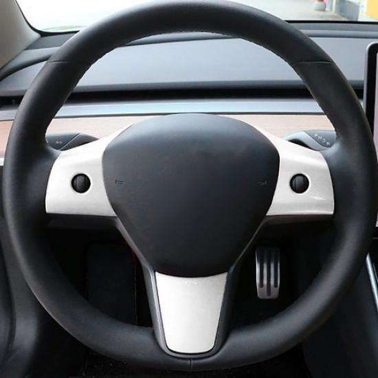For Tesla Model 3/Y - Car Matte White Interior Steering Wheel Cover Trim