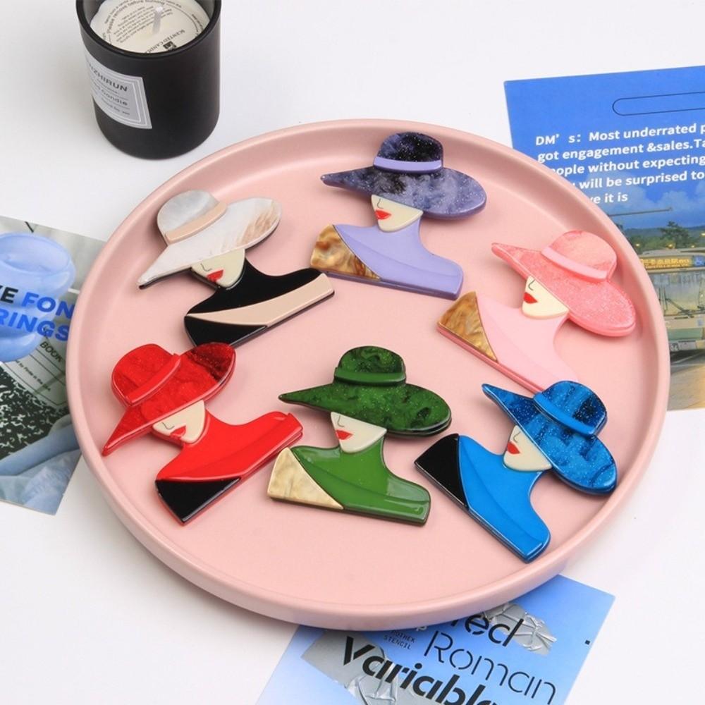 Cartoon Women Portrait Pin Large Modern Girls Badge Lady with Hat Brooch Clothing Accessories