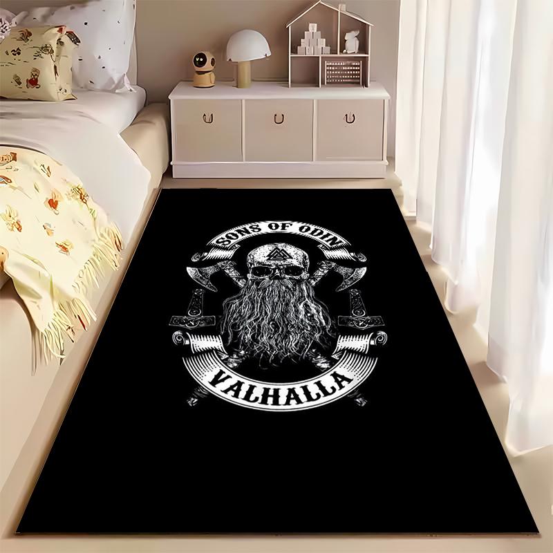 Area Rug, Sons of Odin Valhalla Skull Beard Axe Viking Poster, Man Cave Decor, Non-Slip Mat