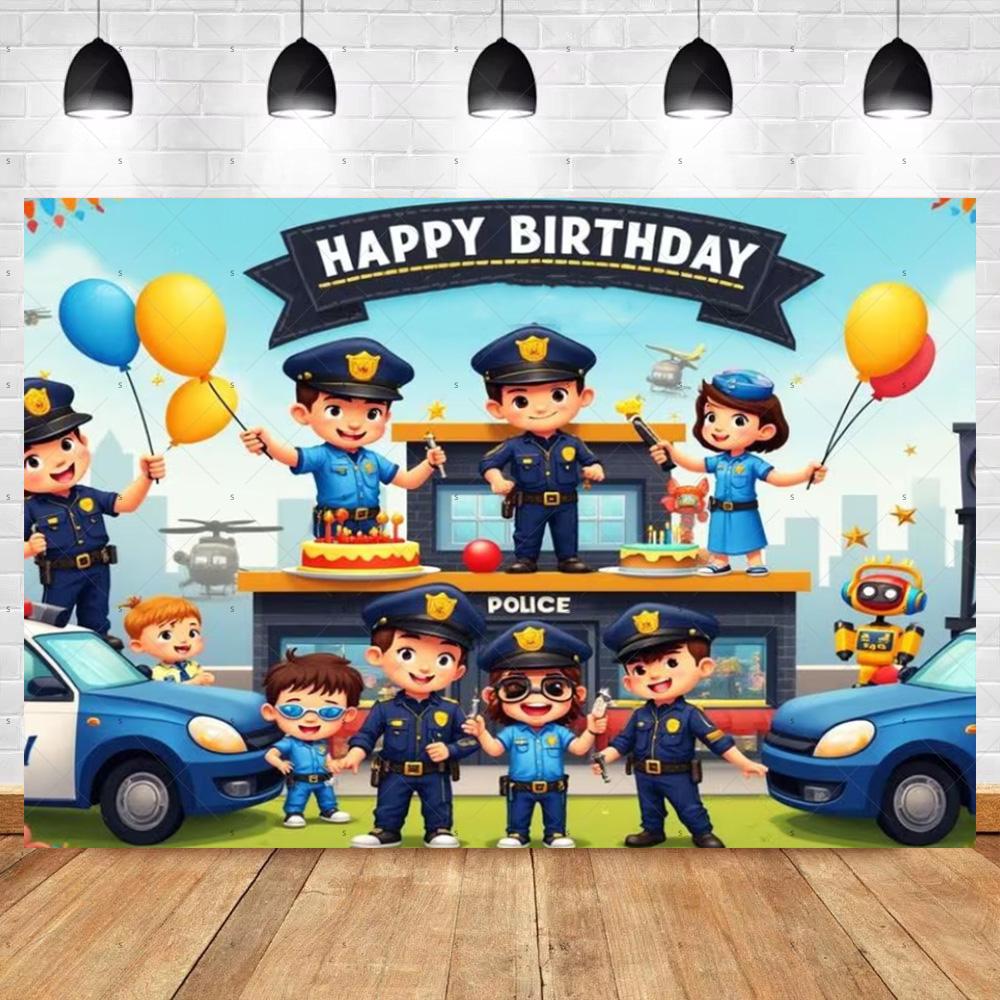 Cartoon Police Backdrop Police Station Car Background Banner Kid Birthday Party Decoration Baby Shower Supplies Photography Prop