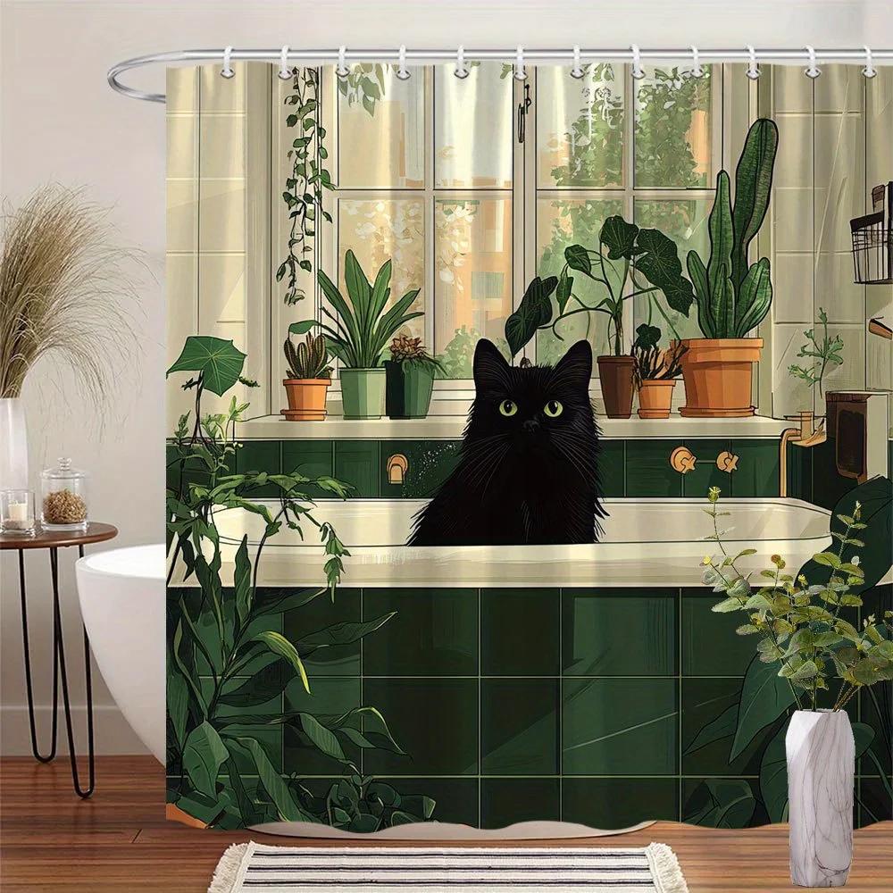 Шторка для душа Window Observer - Черный кот, наблюдающий за дождевой стеной, подвесная, для гостиной, спальни - Теплое украшение для дома