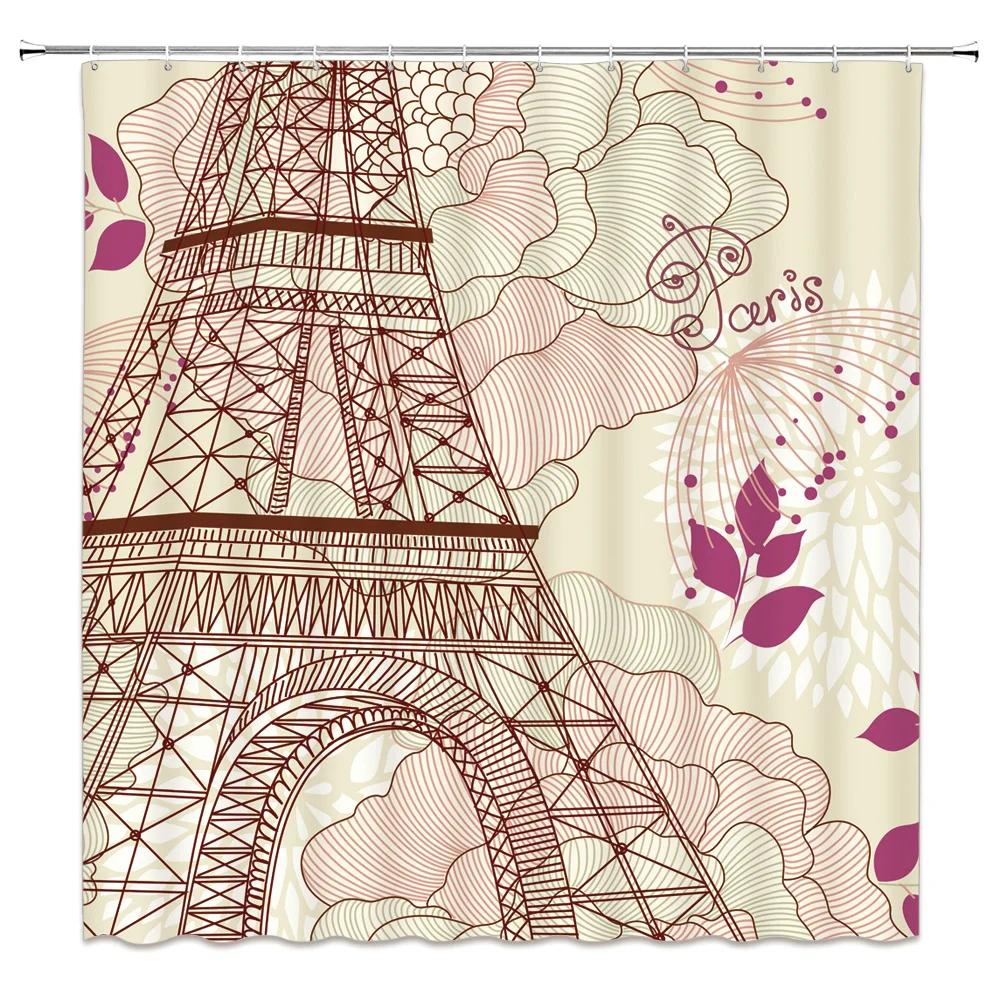 Eiffel Tower Paris Scenery Shower Curtain Vintage Scenery Cherry Blossom Butterfly Polyester Fabric Bath Curtains Bathroom Decor