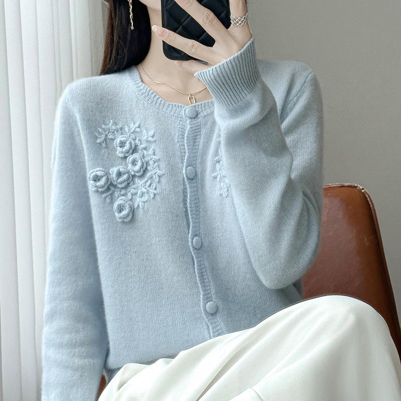 2025 Autumn/Winter Women's Wool Cardigan with 3D Embroidered Flowers