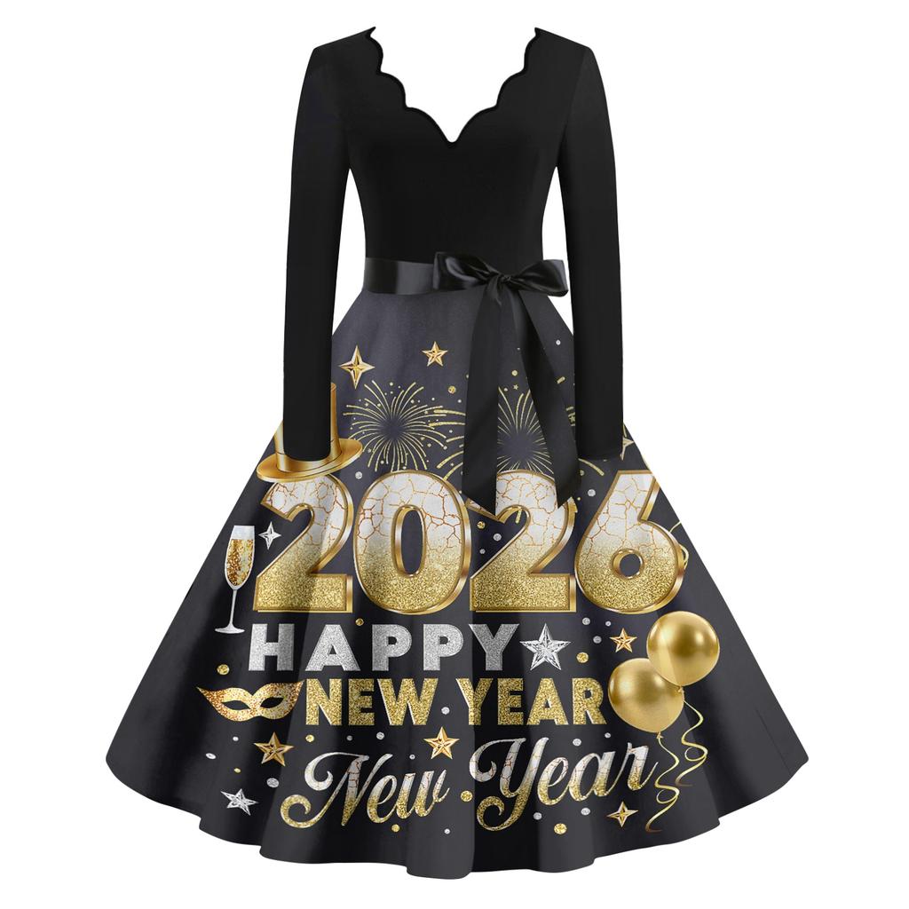 Женское повседневное модное платье винтажного стиля с V-образным вырезом и новогодним принтом