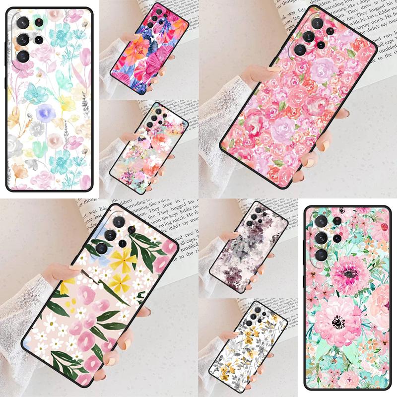 Romantic Pink Teal Watercolor Chic Floral Cell Phone Case for Samsung Galaxy S26 Ultra S25 S24 S23 S22 S21 S20 Note10 Cover