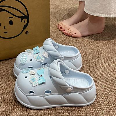 Женские корейские тапочки с закрытым носком, повседневные туфли с бантом, туфли с отверстиями в виде цветков, уличные толстоподошвенные нескользящие удобные мягкие тапочки