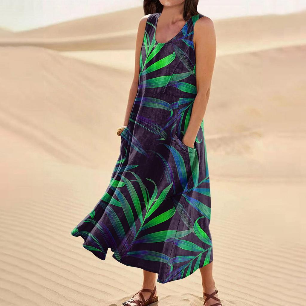 Женское летнее свободное свободное платье с круглым вырезом и цветочным принтом без рукавов, большое свободное платье с карманами