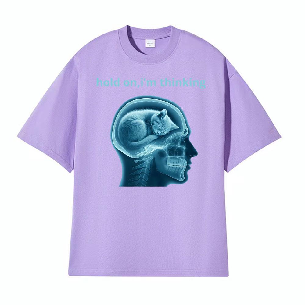 Hold on Im Thinking Silly Cat Meme TShirt Mens Clothing Vintage Fashion Tshirts Short Sleeve Cotton Casual T Shirt Streetwear